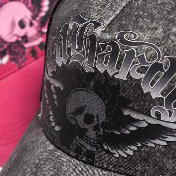 Kappe Ed Hardy - Unisex Flaming Gothic Skull Washed 5 Panel Trucker Cap - Grey