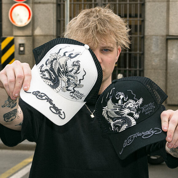 Kappe Ed Hardy - Mono Giant Dragon Twill Front Mesh Trucker - White/Black