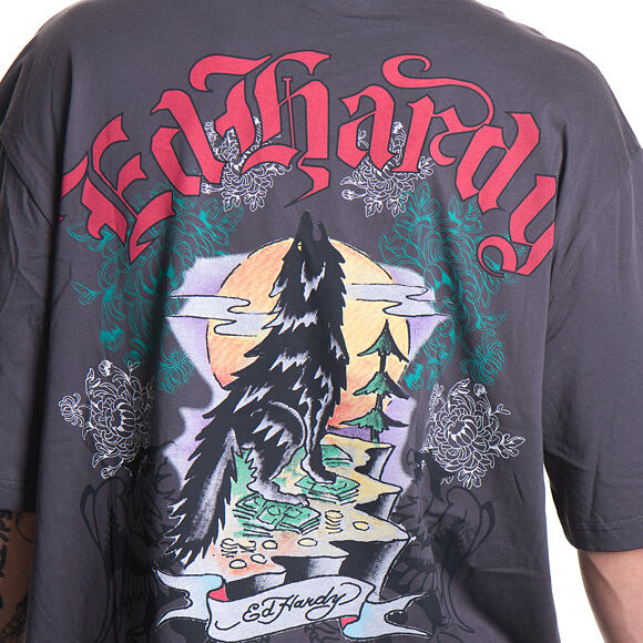 T-Shirt Ed Hardy - Mens Don Wolf Eagle Panther Relaxed T-Shirt - Charcoal