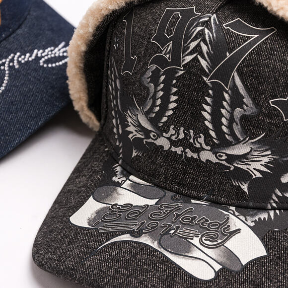 Kappe Ed Hardy - Unisex 1971 Eagle Acid Wash 5 Panel Trapper Cap - Black