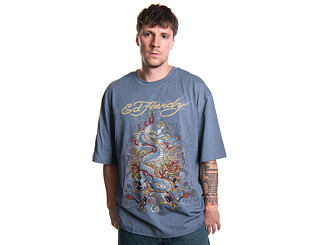 T-Shirt Ed Hardy - Mens Dragon City Diamante Graphic Relaxed T-Shirt - Blue