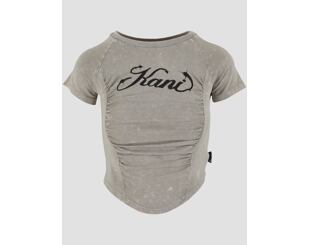 Damen T-Shirt Karl Kani - Woven Signature Washed Gathering Crop Tee - light grey