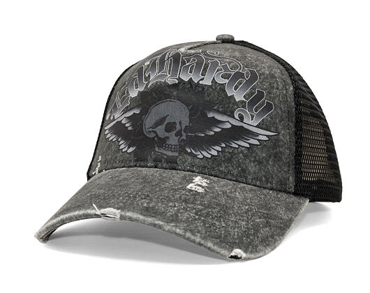 Kappe Ed Hardy - Unisex Flaming Gothic Skull Washed 5 Panel Trucker Cap - Grey