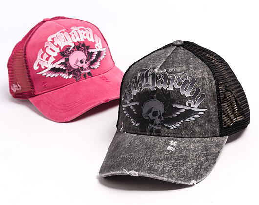 Kappe Ed Hardy - Unisex Flaming Gothic Skull Washed 5 Panel Trucker Cap - Grey