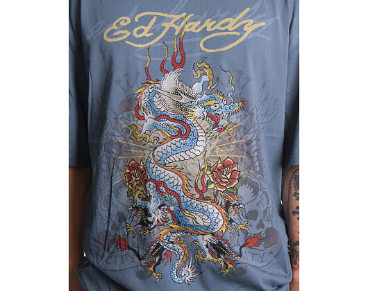 T-Shirt Ed Hardy - Mens Dragon City Diamante Graphic Relaxed T-Shirt - Blue