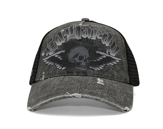 Kappe Ed Hardy - Unisex Flaming Gothic Skull Washed 5 Panel Trucker Cap - Grey
