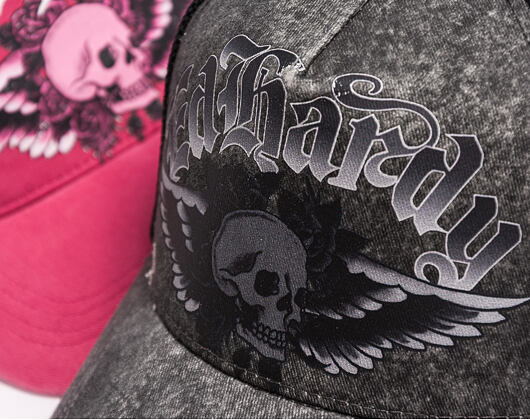 Kappe Ed Hardy - Unisex Flaming Gothic Skull Washed 5 Panel Trucker Cap - Grey