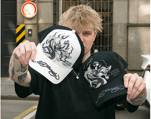 Kappe Ed Hardy - Mono Giant Dragon Twill Front Mesh Trucker - White/Black