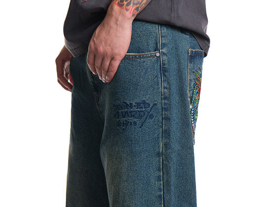 Hose Ed Hardy - Mens Fireball Dragon Dirty Wash Xxtra Denim Trousers Jeans - Green Tint