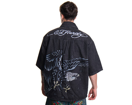 Hemd Ed Hardy - Mens Eagle And Stars Relaxed Denim Shirt - Black