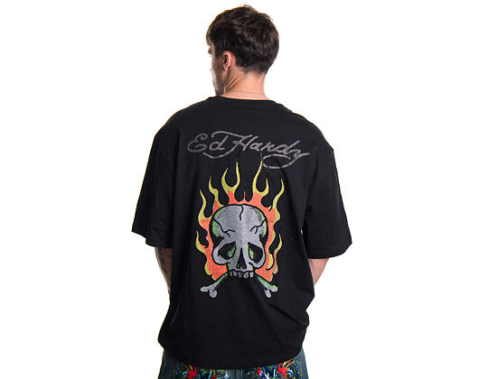 T-Shirt Ed Hardy - Mens Skull Flame Diamante Relaxed Tshirt - Black