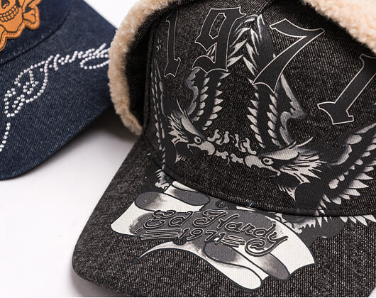 Kappe Ed Hardy - Unisex 1971 Eagle Acid Wash 5 Panel Trapper Cap - Black