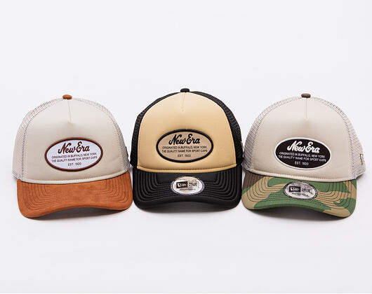 Kappe New Era - Western Oval Patch Foam 9FORTY Trucker - Stone / Woodland Camo