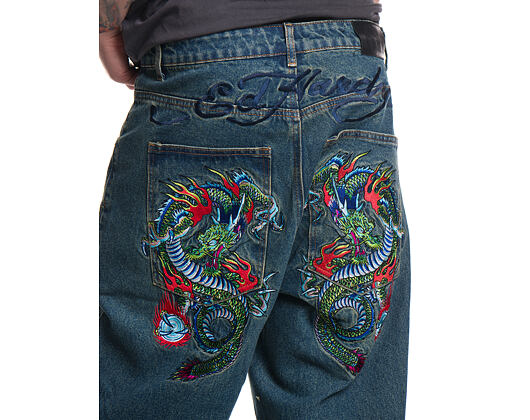 Hose Ed Hardy - Mens Fireball Dragon Dirty Wash Xxtra Denim Trousers Jeans - Green Tint